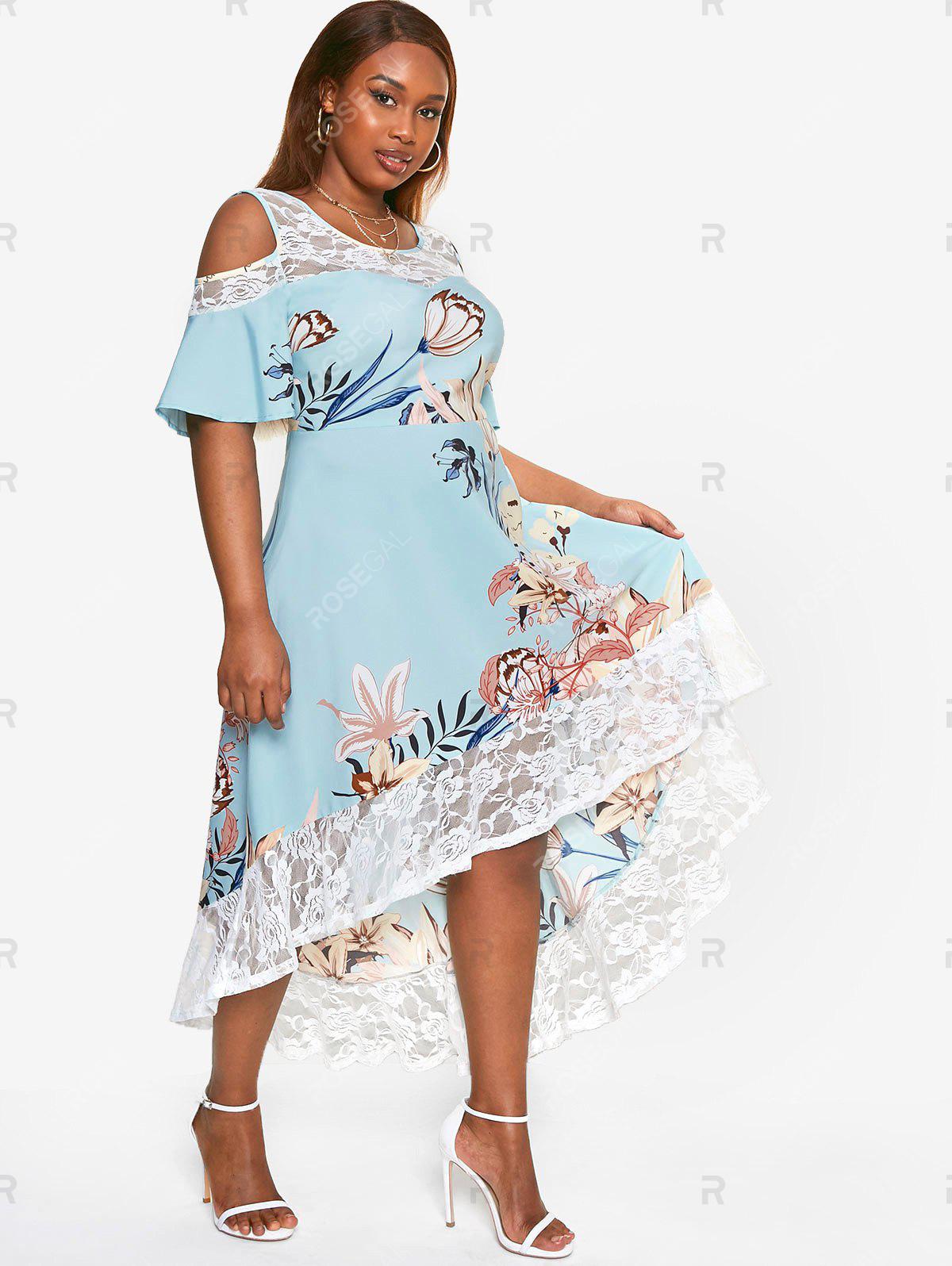 Plus Size Floral Cold Shoulder Lace High Low Midi Dress