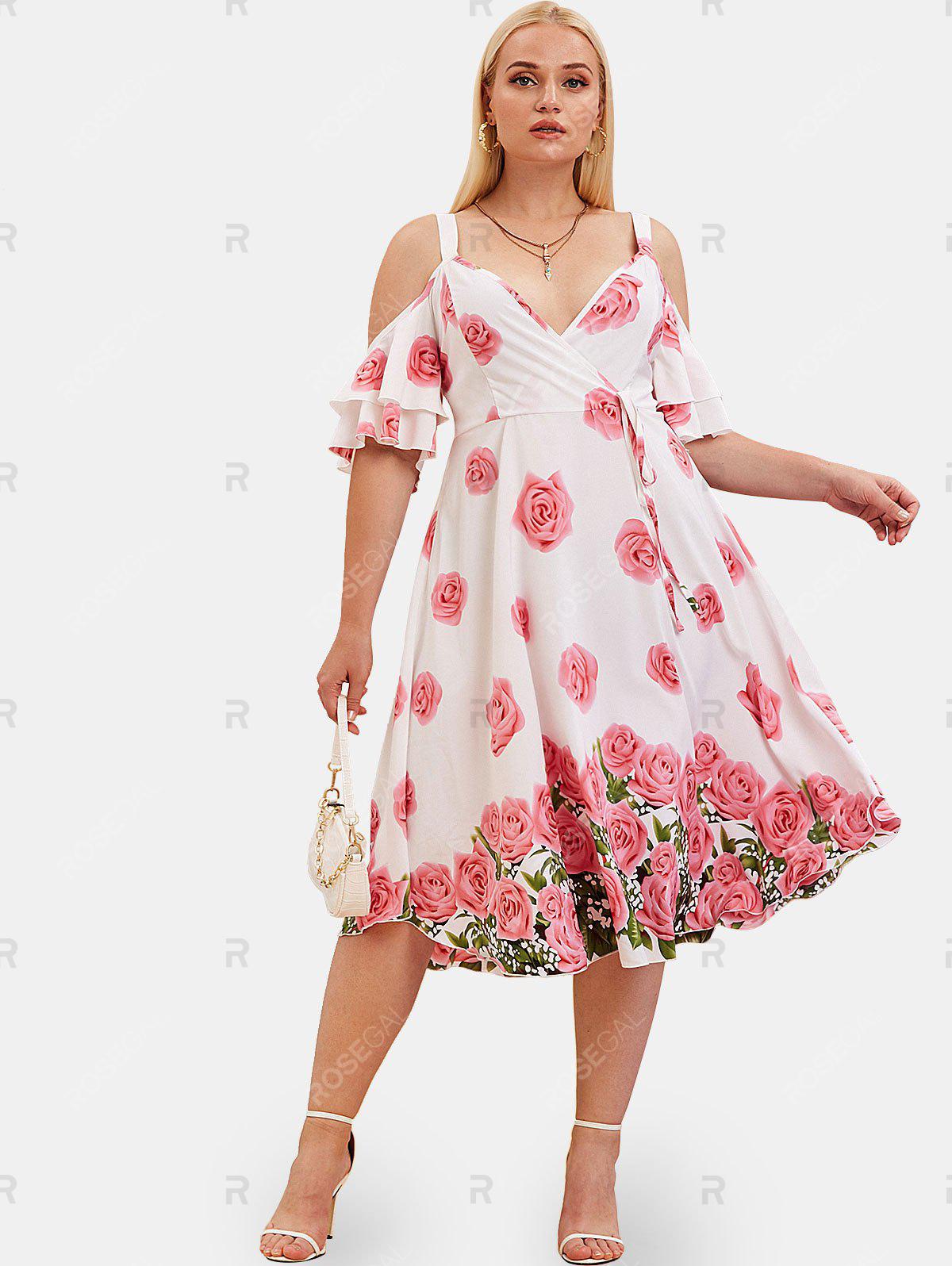 Plus Size & Curve Cottagecore Bell Sleeve Cold Shoulder Floral Print Dress