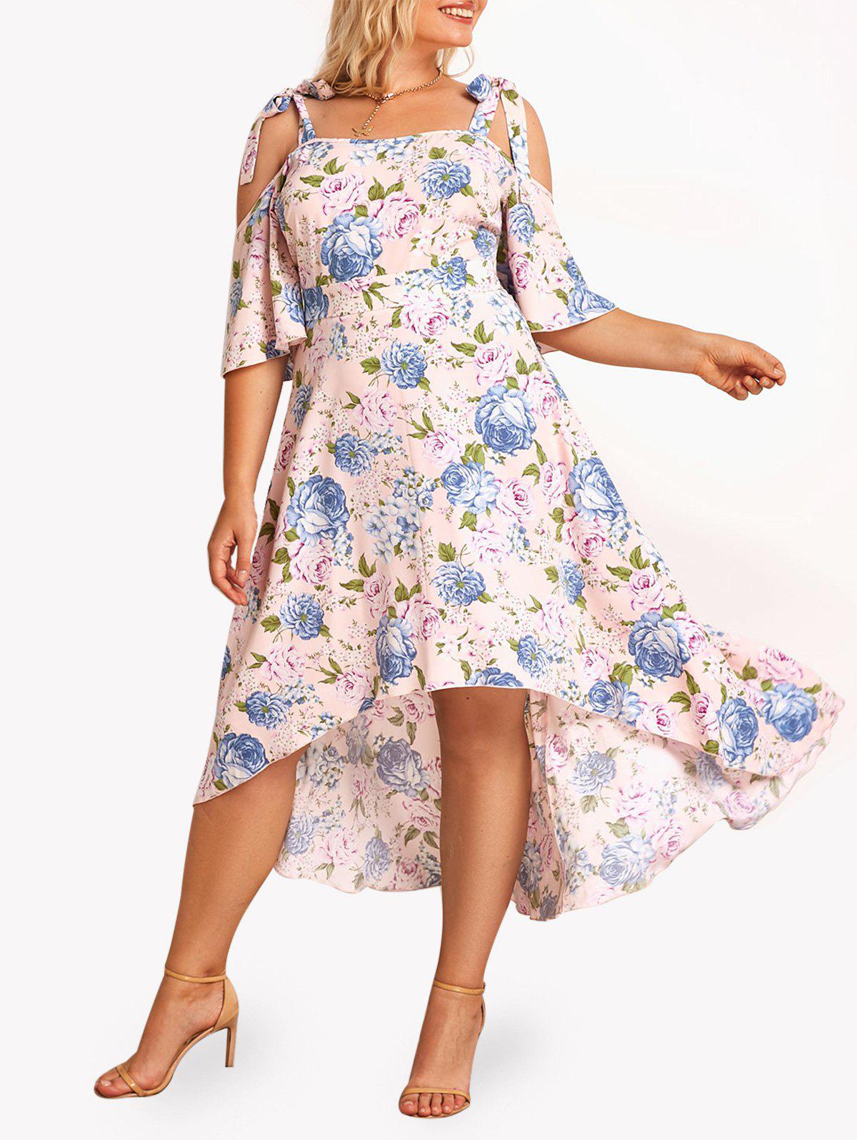 Plus Size & Curve Cottagecore Floral Print Cold Shoulder High Low Midi Dress