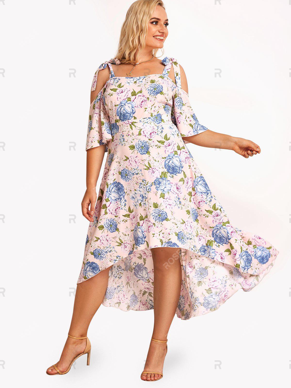 Plus Size & Curve Cottagecore Floral Print Cold Shoulder High Low Midi Dress