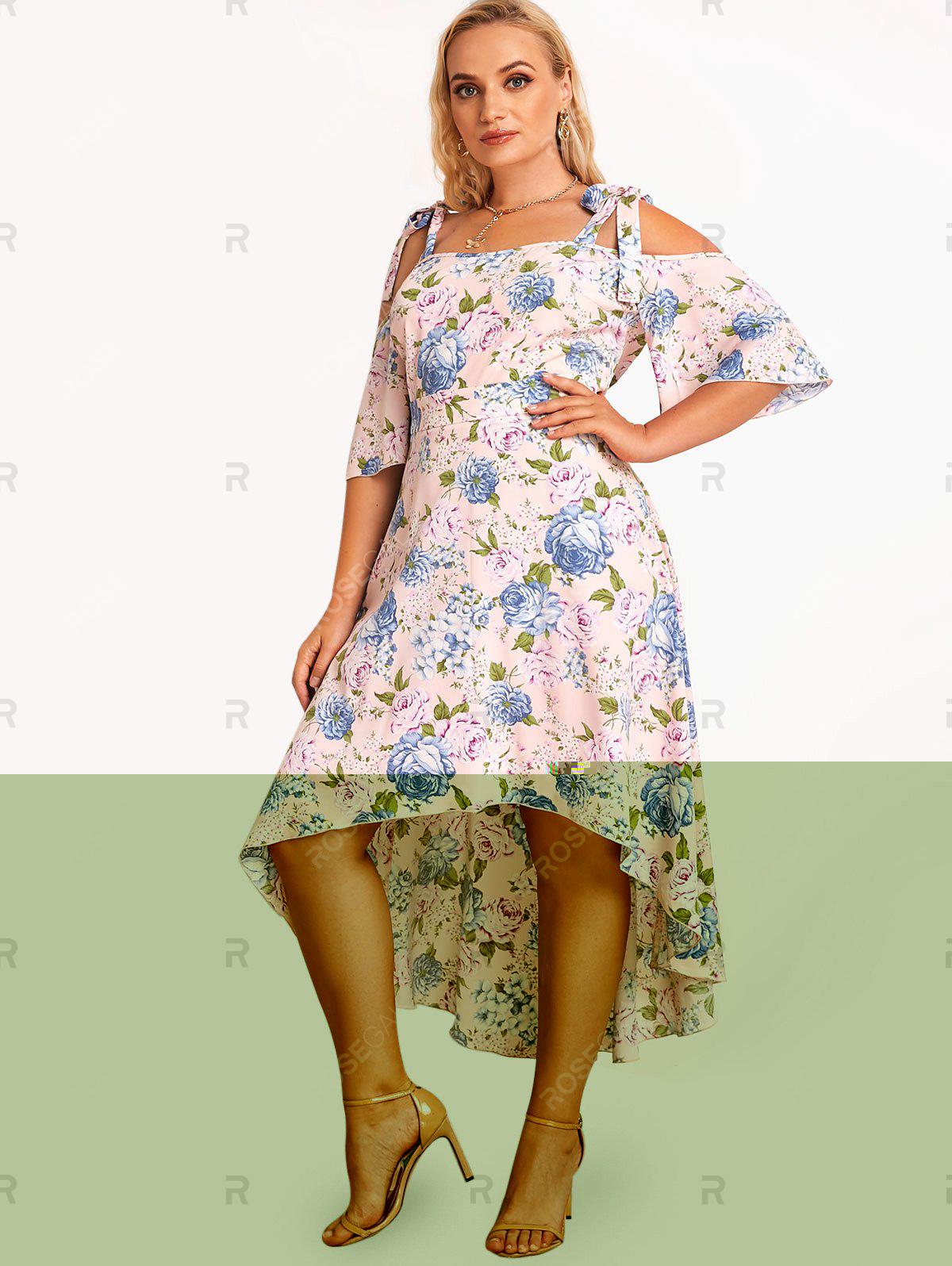 Plus Size & Curve Cottagecore Floral Print Cold Shoulder High Low Midi Dress