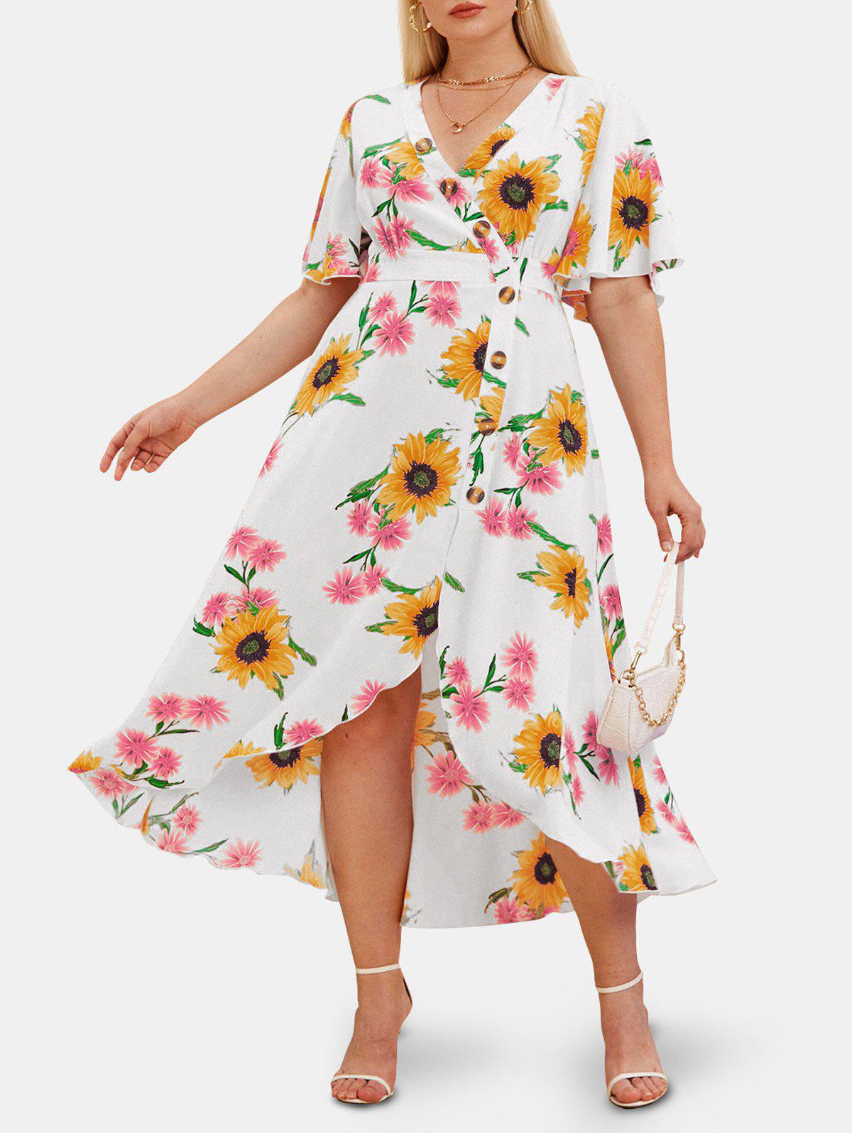 Plus Size & Curve Sunflower Print Plunge High Low Cottagecore Dress