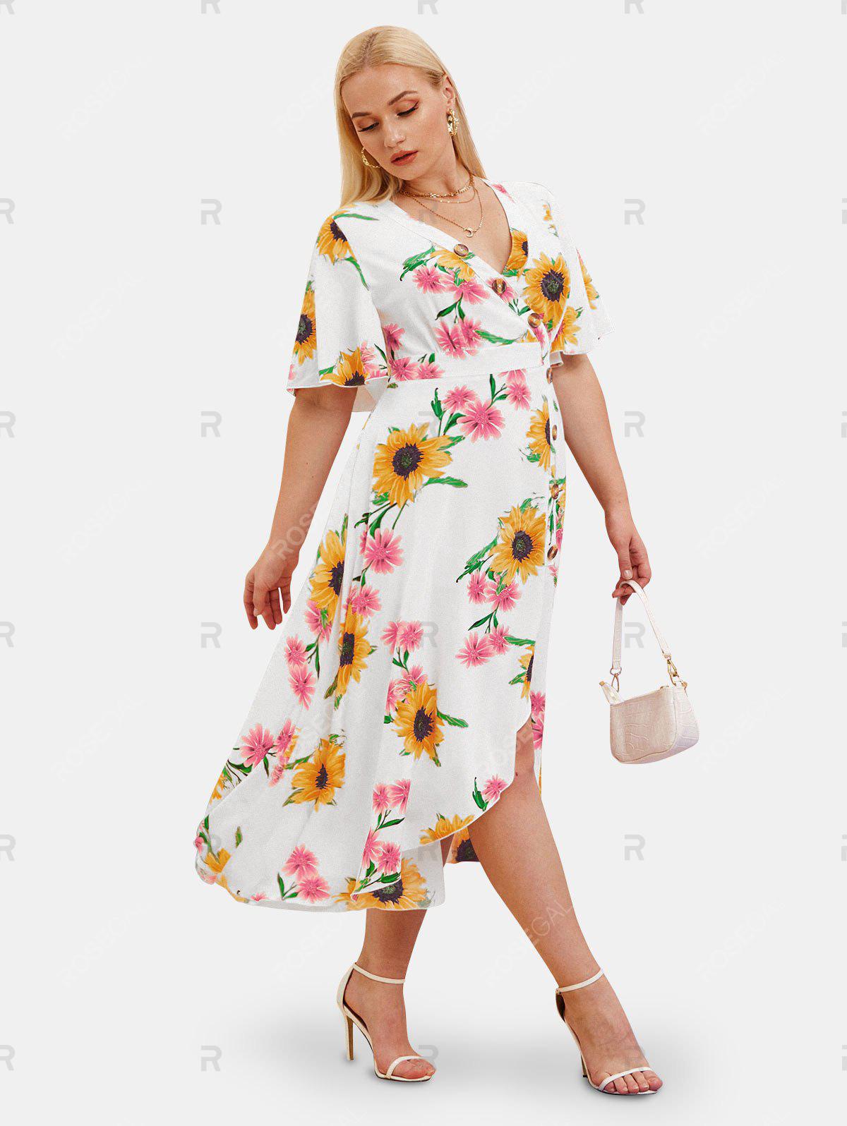 Plus Size & Curve Sunflower Print Plunge High Low Cottagecore Dress