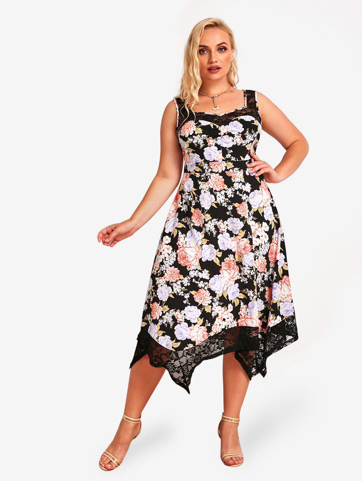 Plus Size & Curve Flower Lace Panel Midi Sleeveless Cottagecore Dress