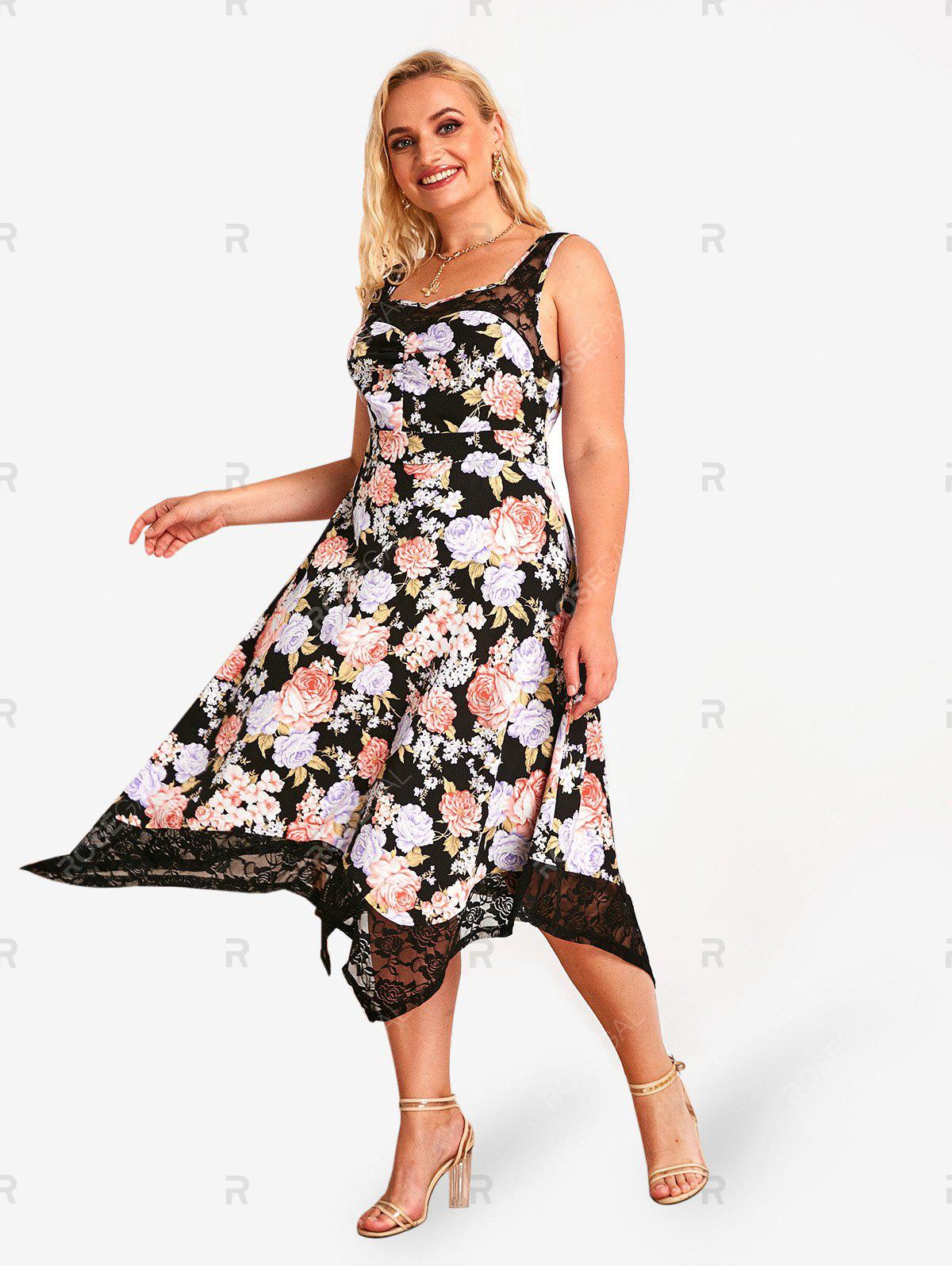 Plus Size & Curve Flower Lace Panel Midi Sleeveless Cottagecore Dress