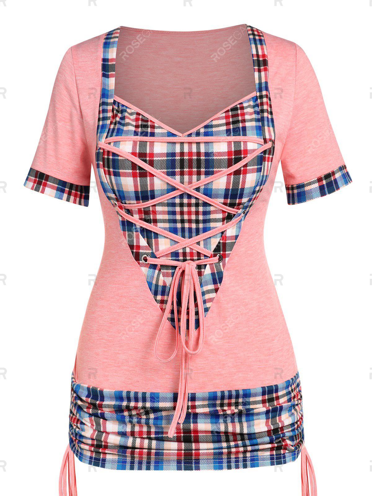 Plus Size & Curve Lace Up Plaid Cinched 2 in1 Tee