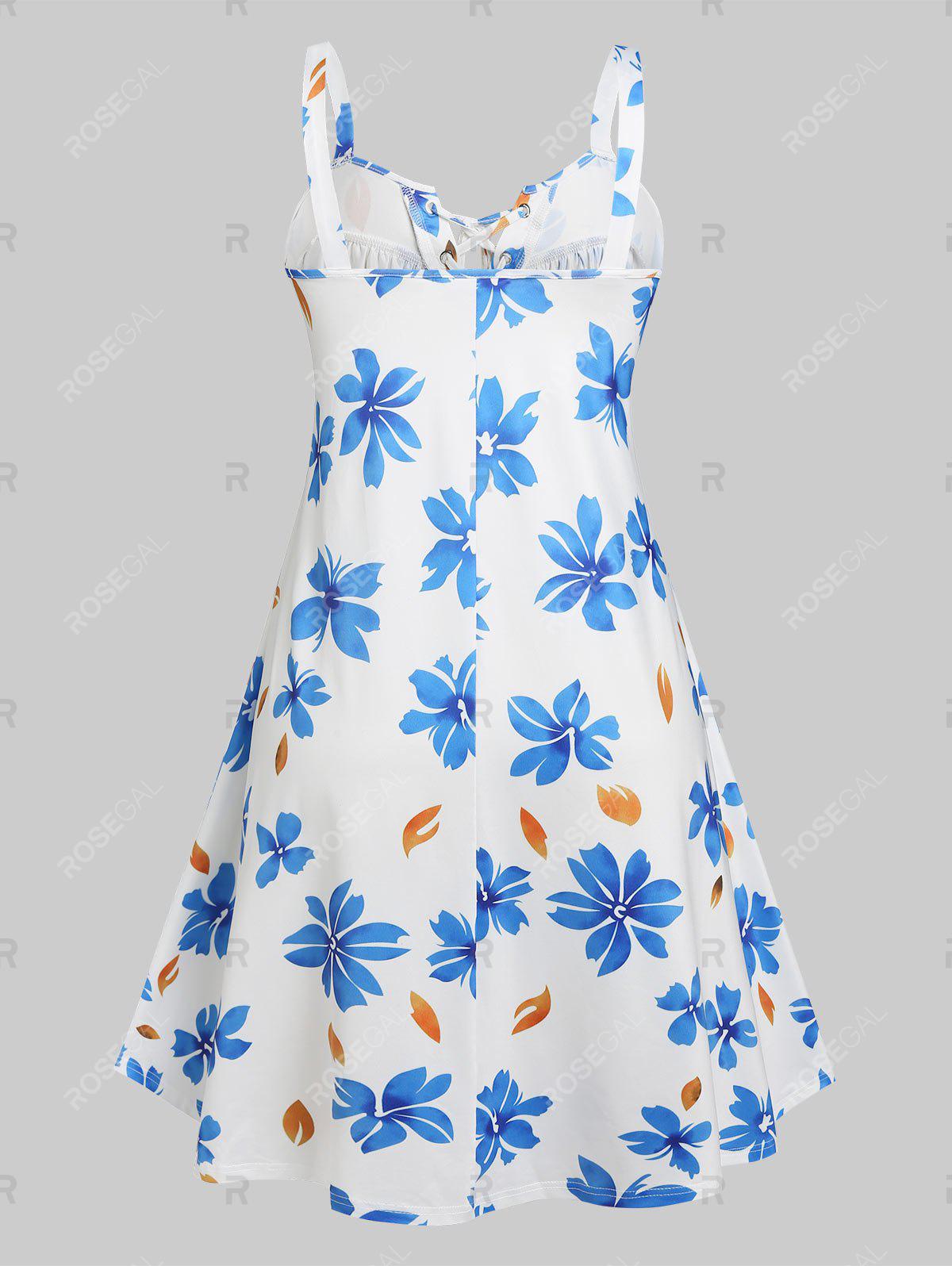 Plus Size Floral Print Lace Up Midi Cottagecore Sundress