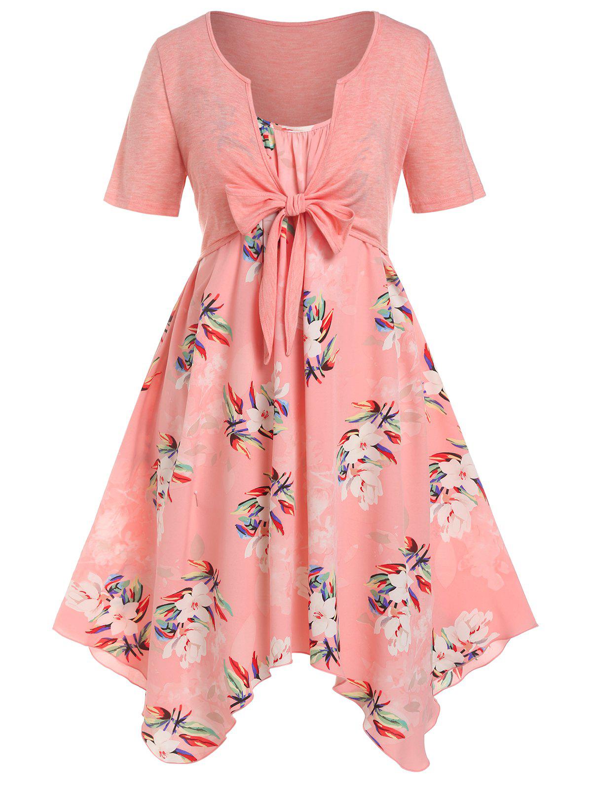 Plus Size Floral Print Tie Knot Handkerchief Dress