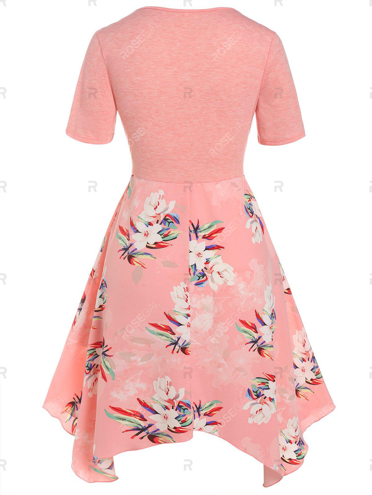 Plus Size Floral Print Tie Knot Handkerchief Dress