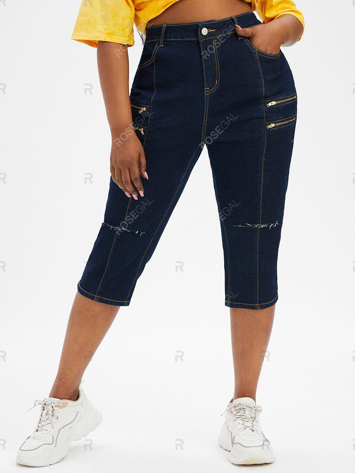 Zippered Front Distressed Cutout Plus Size & Curve Capri Jeans