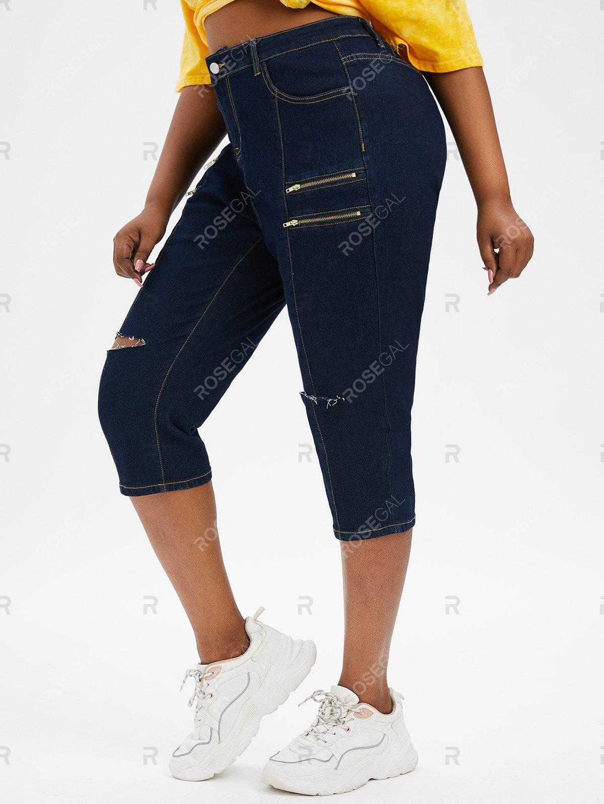 Zippered Front Distressed Cutout Plus Size & Curve Capri Jeans