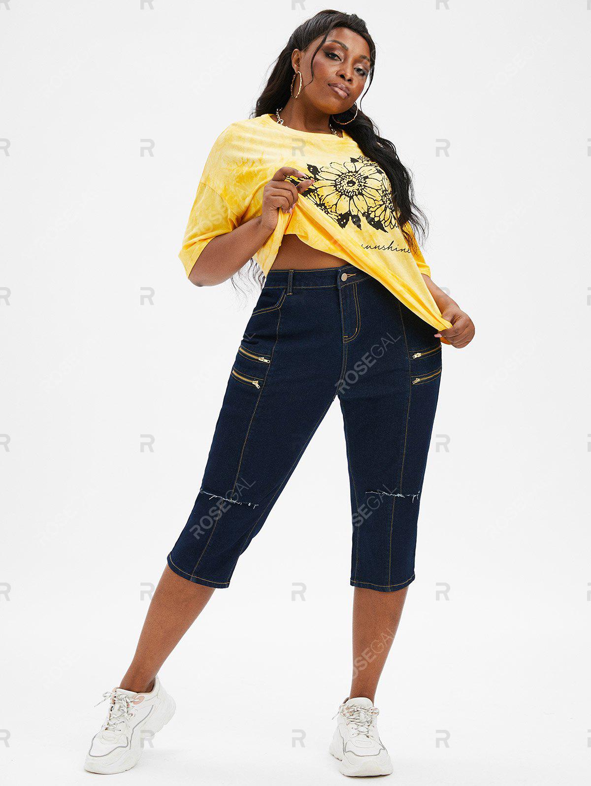 Zippered Front Distressed Cutout Plus Size & Curve Capri Jeans