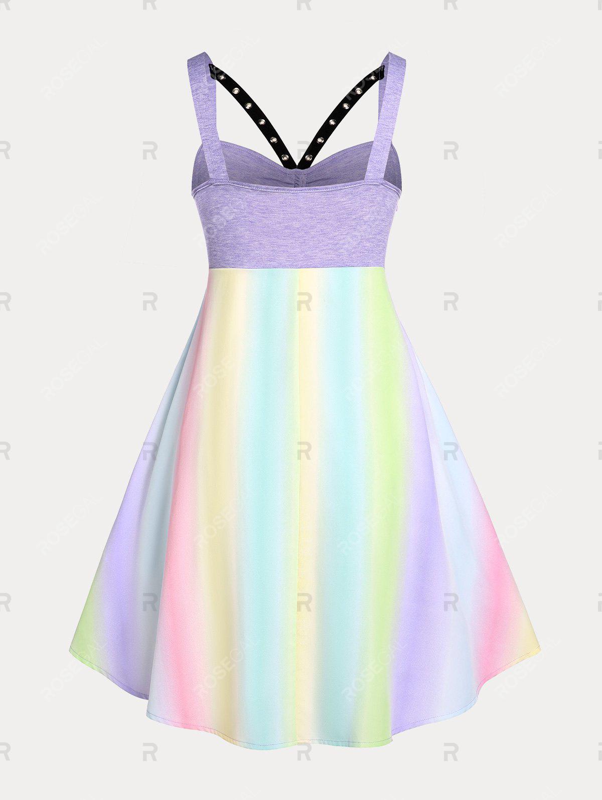 Plus Size & Curve Rainbow Backless Grommet Cutout Midi Dress