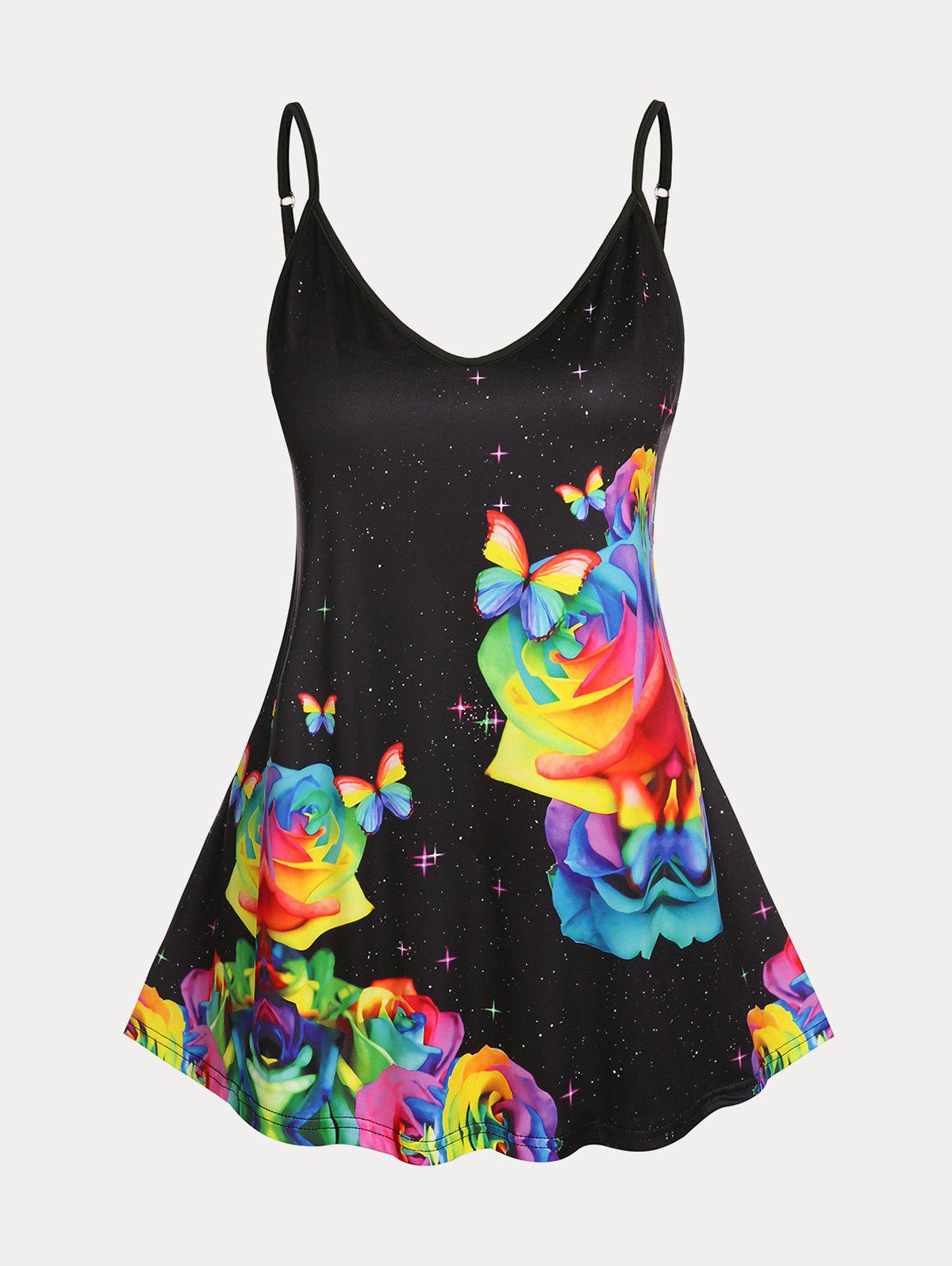 Plus Size & Curve Rainbow Rose Butterfly Print Flowy Cami Top