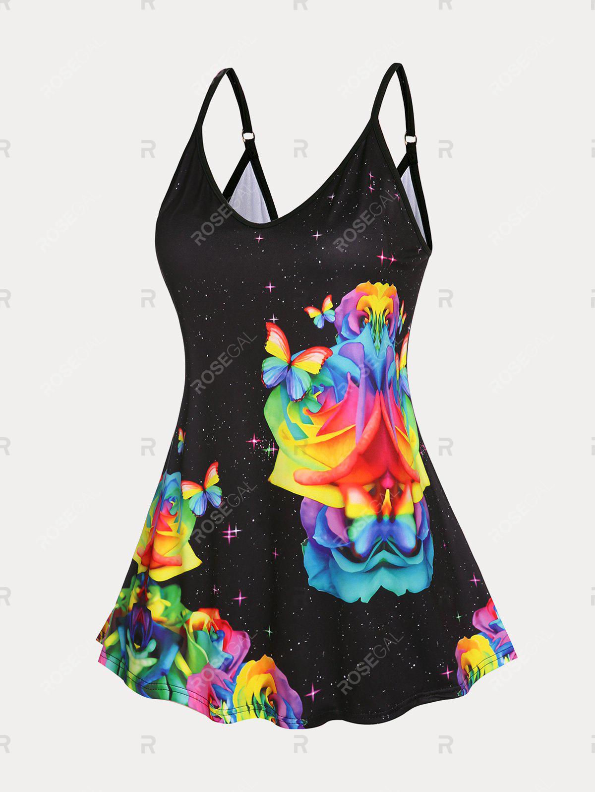 Plus Size & Curve Rainbow Rose Butterfly Print Flowy Cami Top