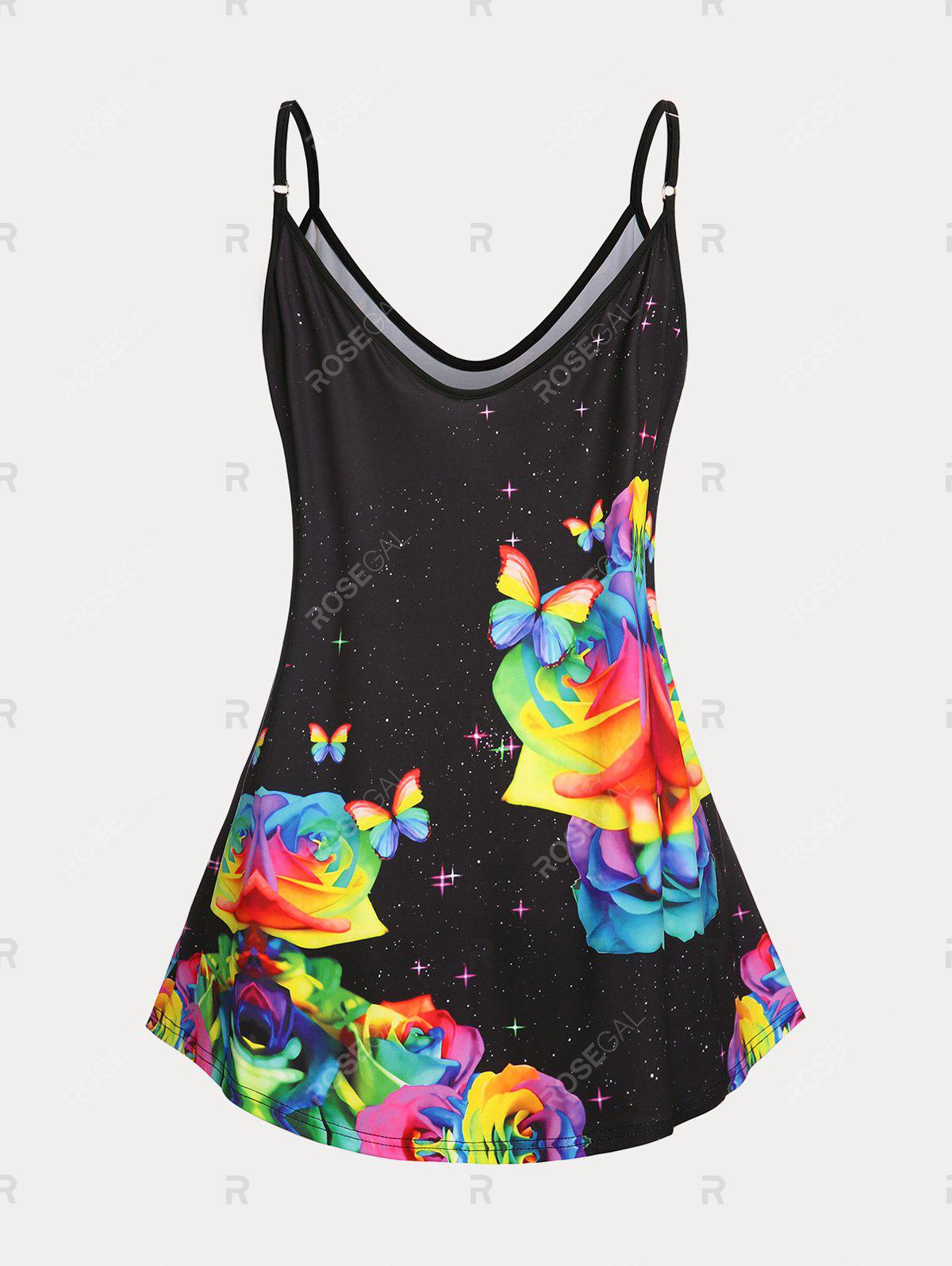 Plus Size & Curve Rainbow Rose Butterfly Print Flowy Cami Top