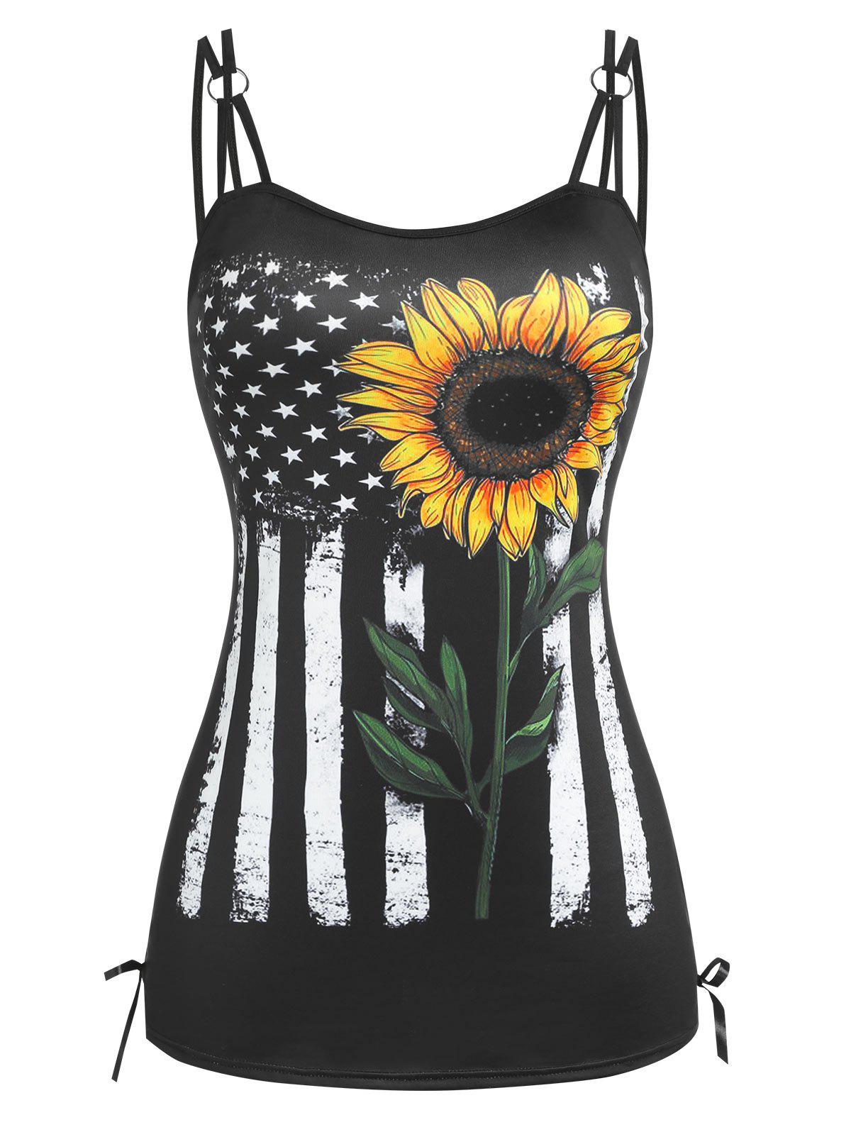 Plus Size & Curve Lace Up American Flag Sunflower Print Tank Top