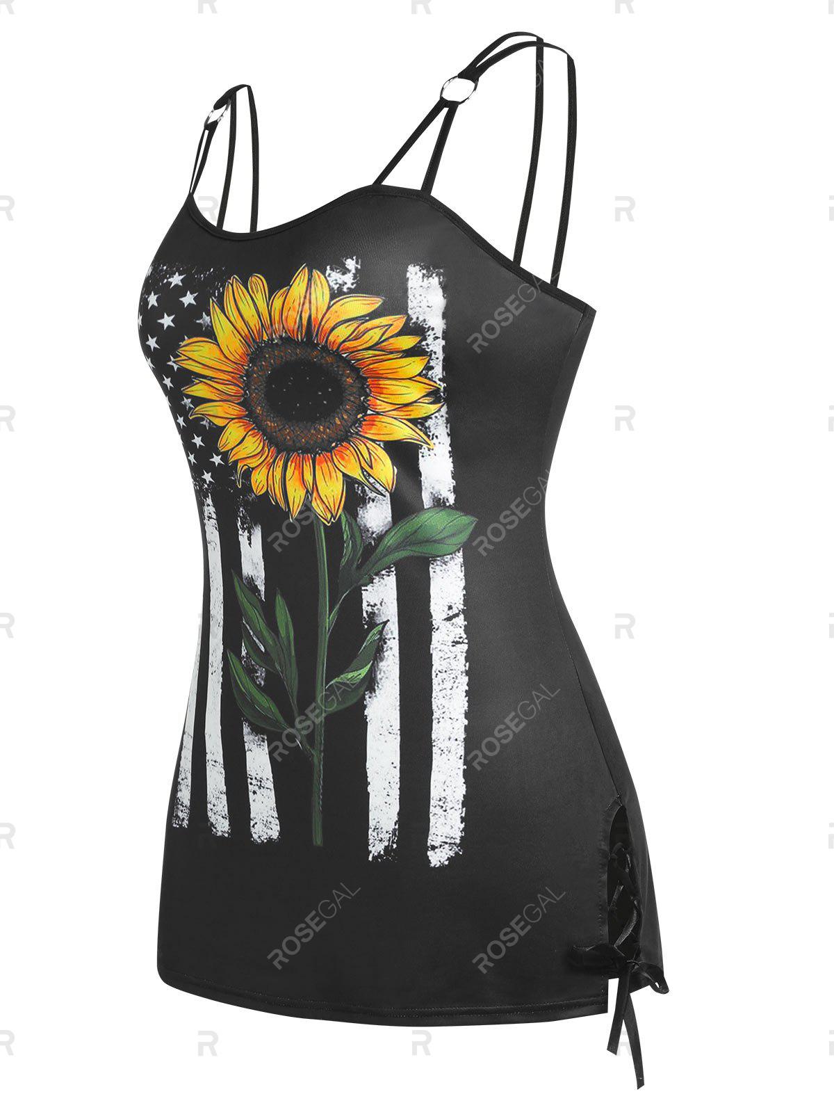 Plus Size & Curve Lace Up American Flag Sunflower Print Tank Top