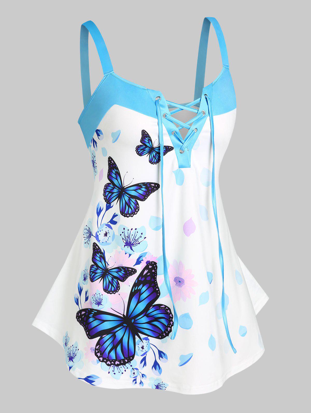 Lace Up Flower Butterfly Print Plus Size & Curve Tank Top