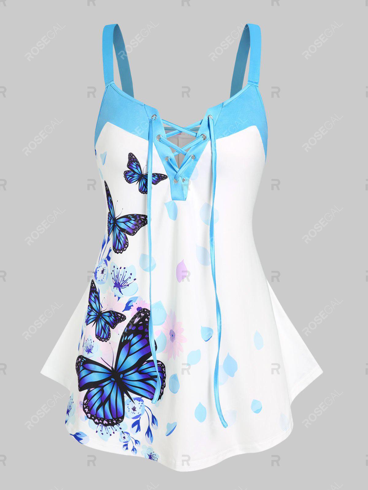 Lace Up Flower Butterfly Print Plus Size & Curve Tank Top