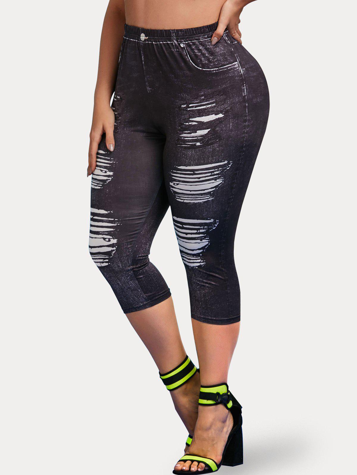 Plus Size & Curve 3D Ripped Denim Print Cropped Jeggings