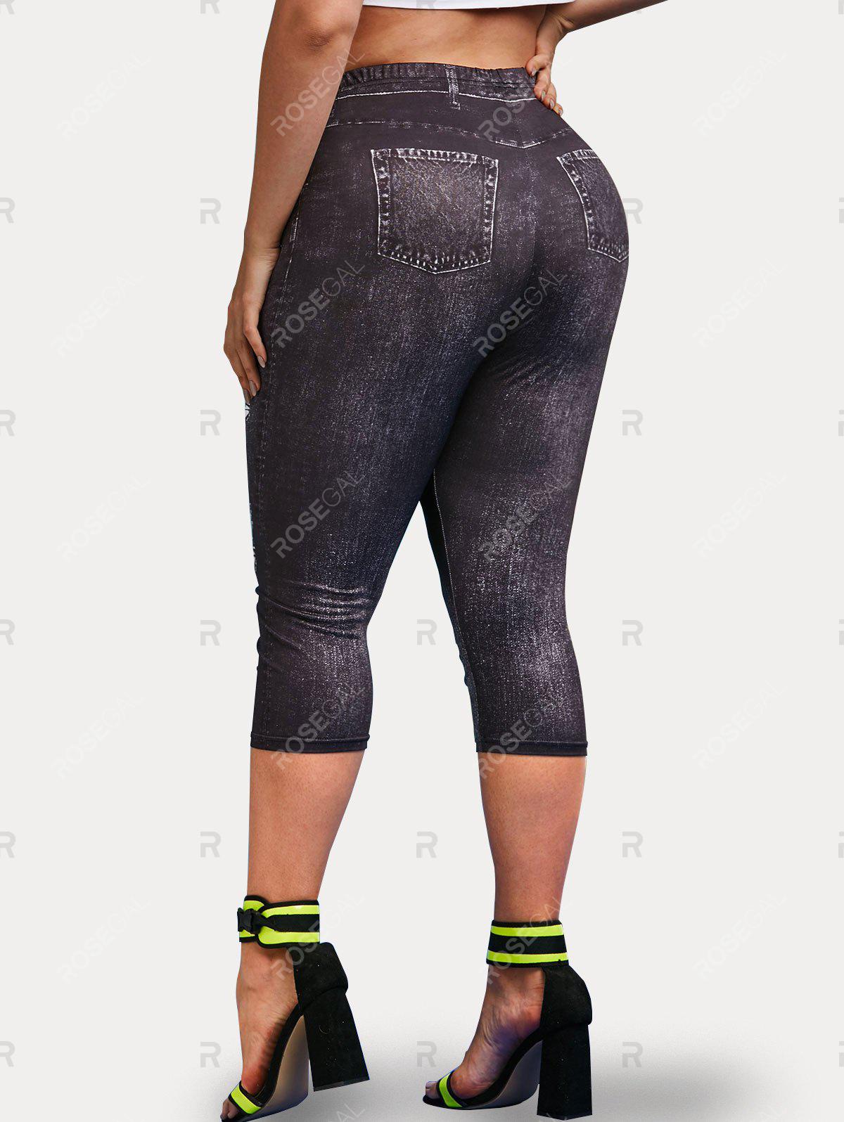 Plus Size & Curve 3D Ripped Denim Print Cropped Jeggings