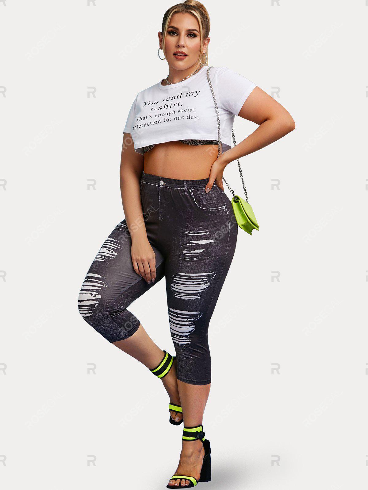 Plus Size & Curve 3D Ripped Denim Print Cropped Jeggings