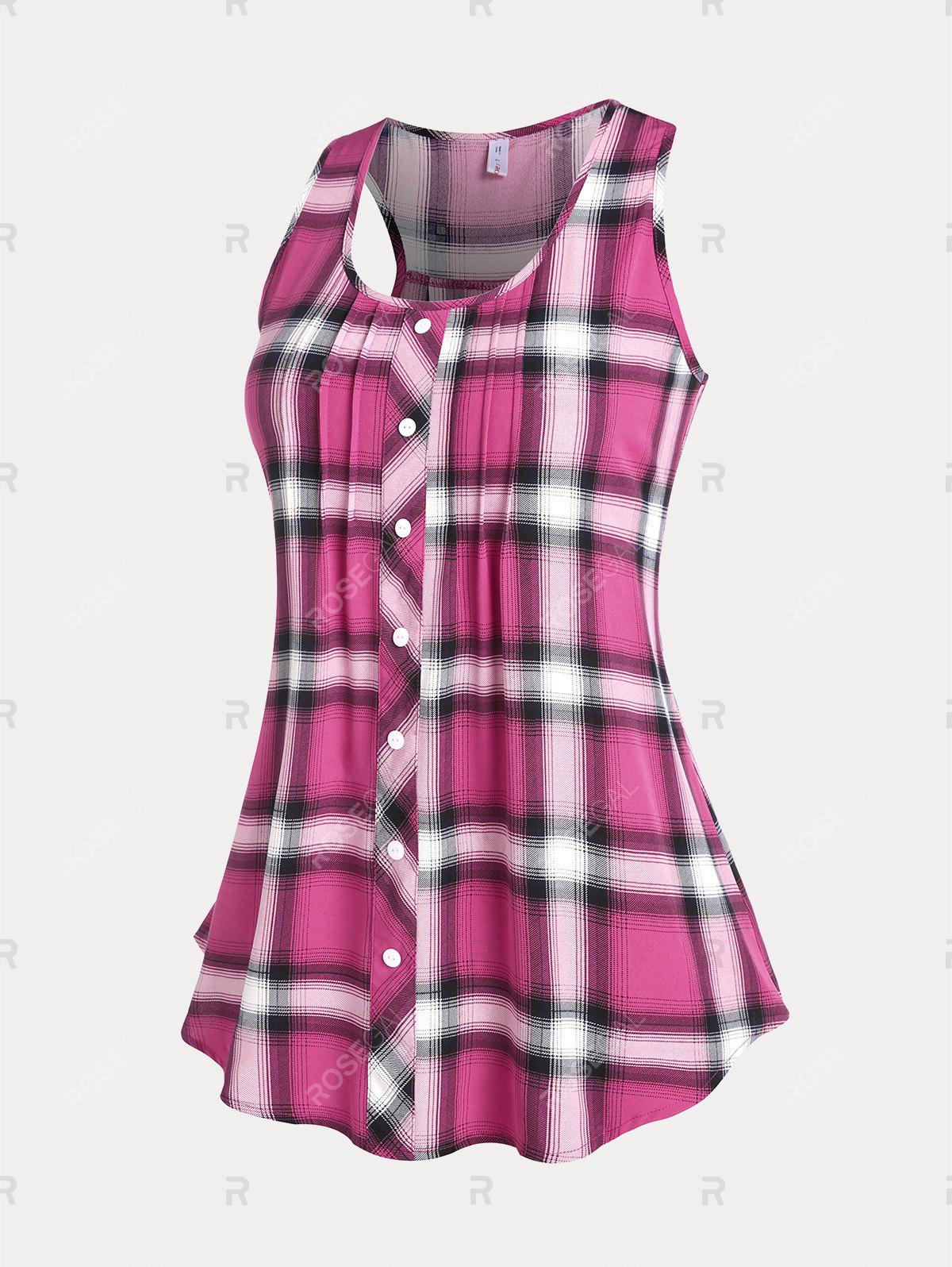 Plus Size & Curve Plaid Racerback Tunic Top with Buttons