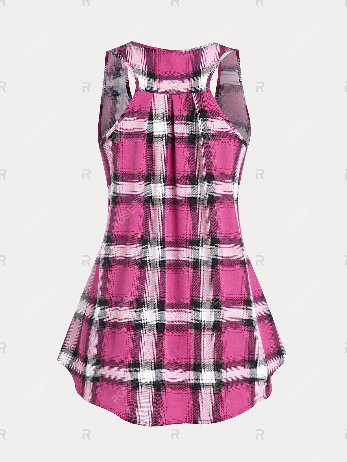 Plus Size & Curve Plaid Racerback Tunic Top with Buttons