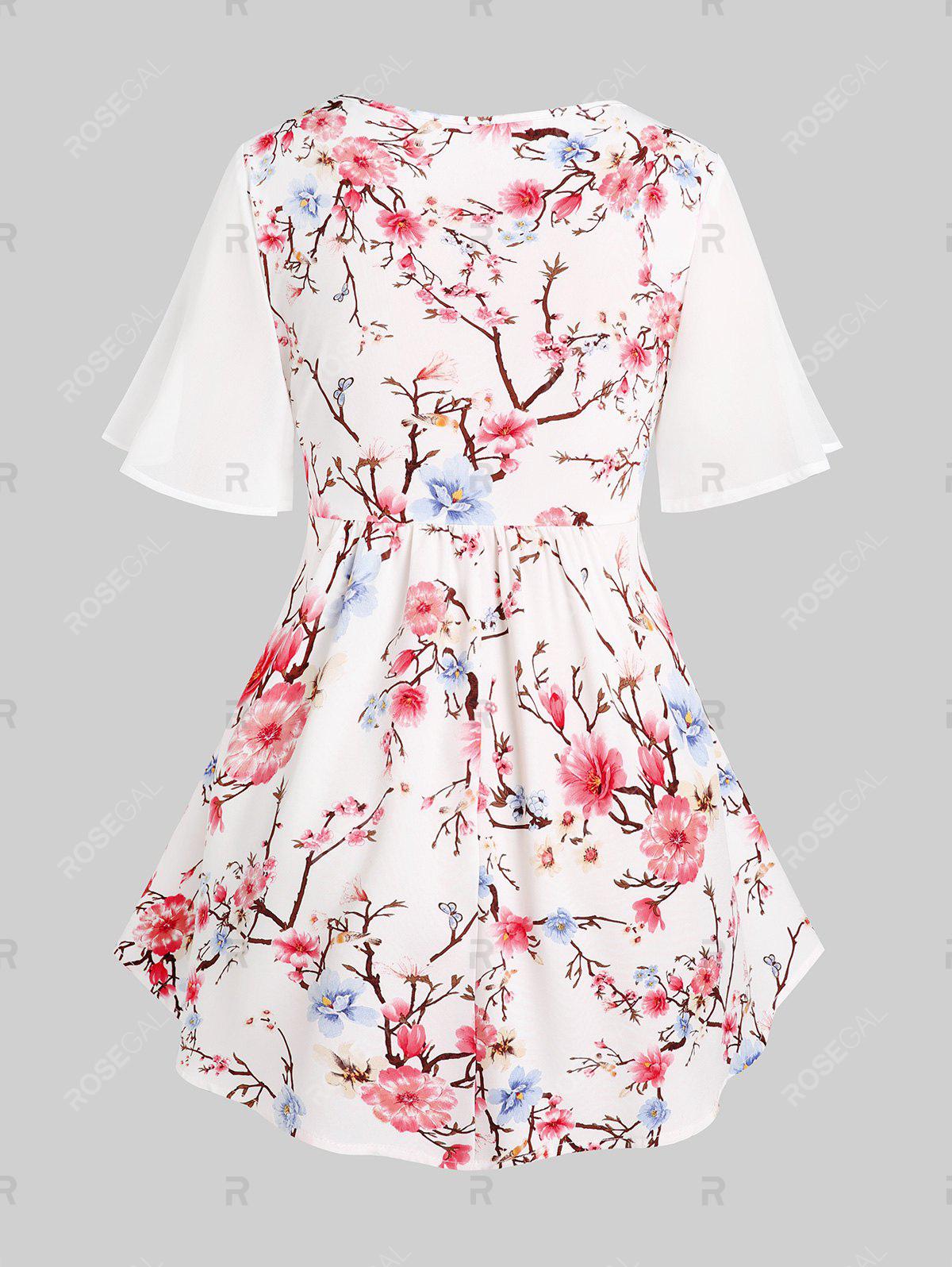 Flutter Sleeve Crisscross Floral Print Plus Size & Curve Tee