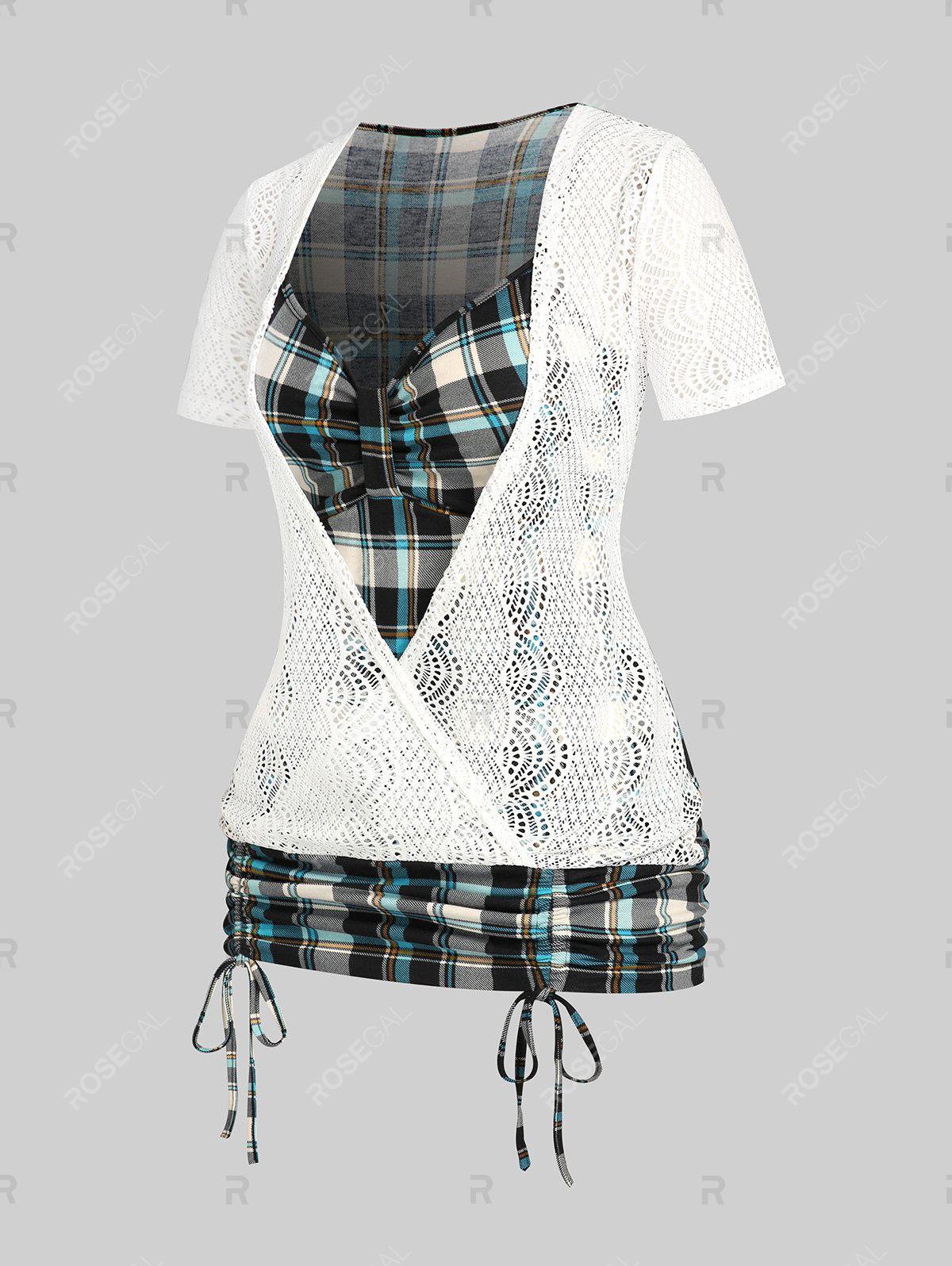 Plaid Lace Panel Cinched Plus Size & Curve 2 in 1 Tee