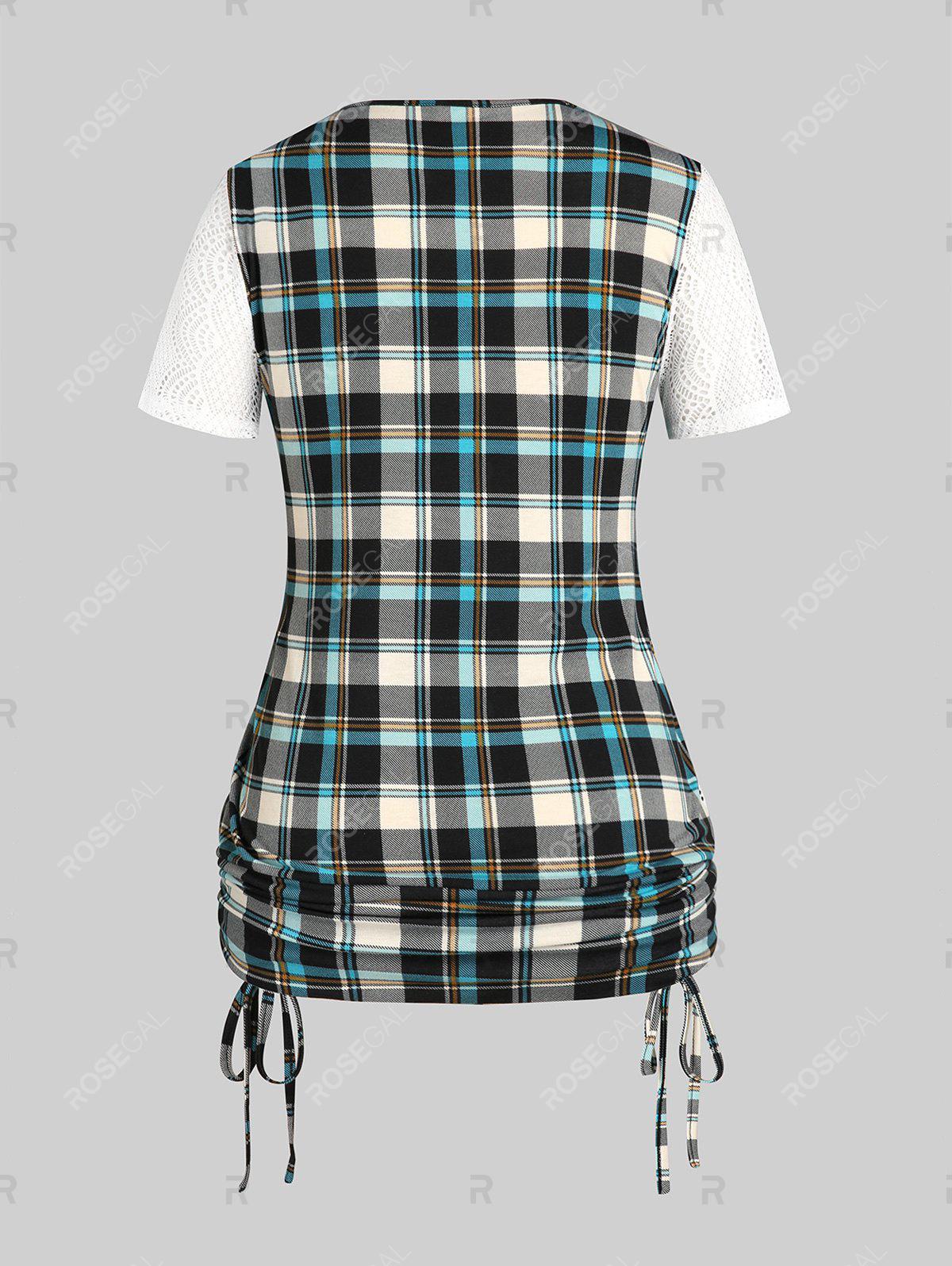 Plaid Lace Panel Cinched Plus Size & Curve 2 in 1 Tee