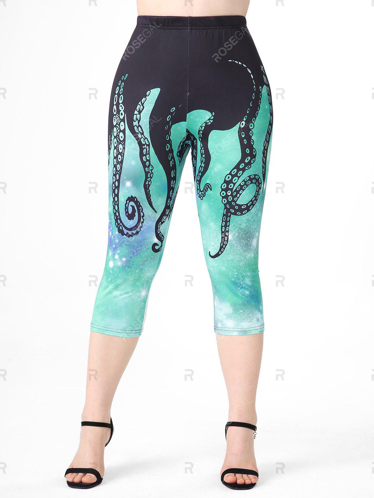 Plus Size & Curve High Waist Octopus Galaxy Print Capri Leggings