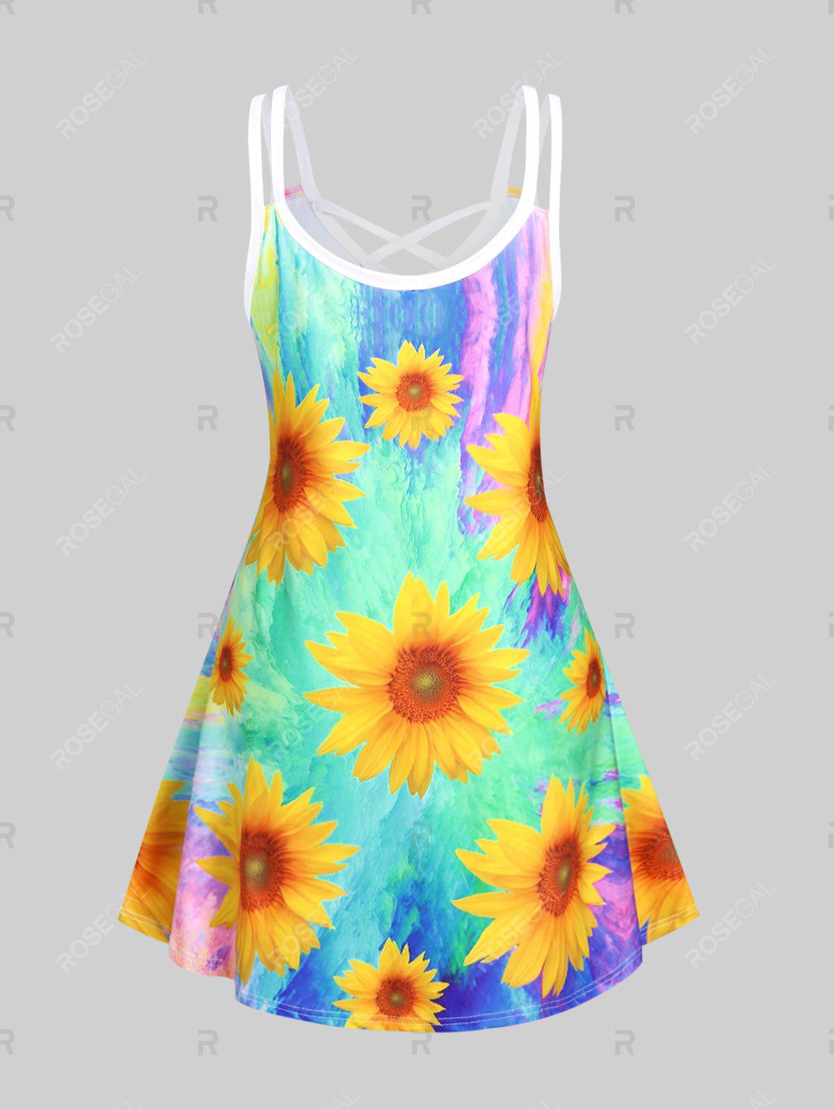 Plus Size & Curve Colorblock Sunflower Crisscross Sleeveless Dress