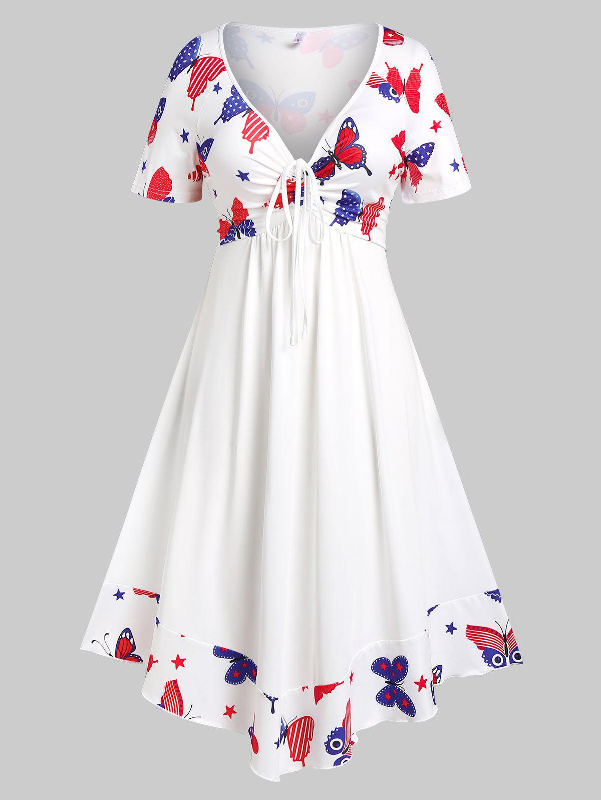 Plus Size Cinched Butterfly Print Patriotic Dress