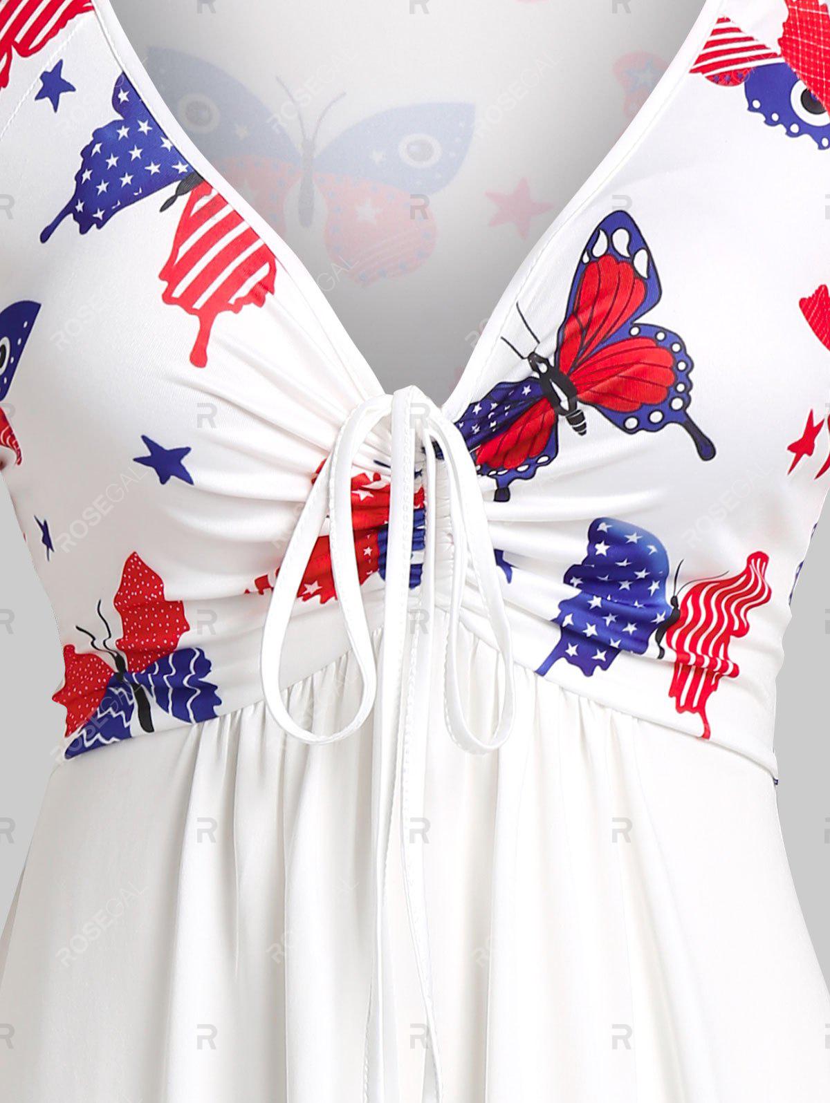 Plus Size Cinched Butterfly Print Patriotic Dress