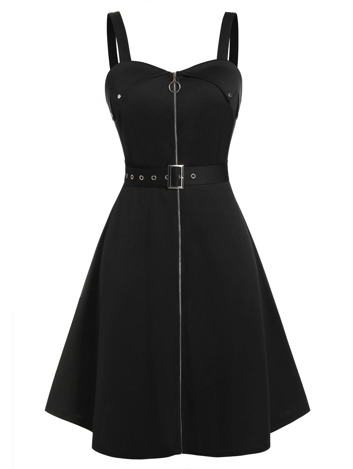 Plus Size Pull Ring Zip Belted Backless Dress