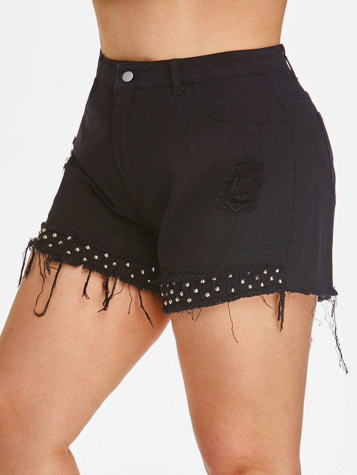 Plus Size&Curve Studs Ripped Cuff Off Denim Shorts