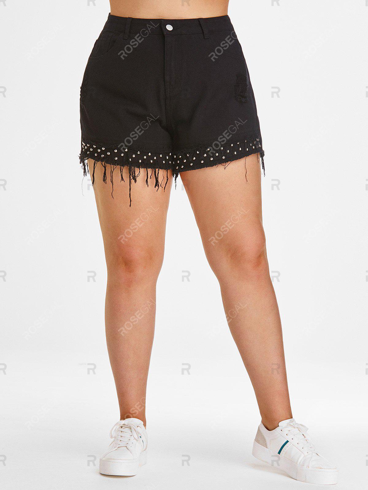 Plus Size&Curve Studs Ripped Cuff Off Denim Shorts