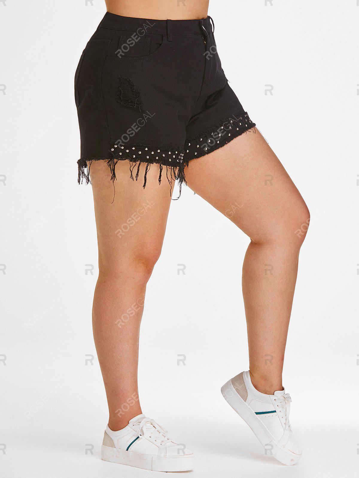 Plus Size&Curve Studs Ripped Cuff Off Denim Shorts