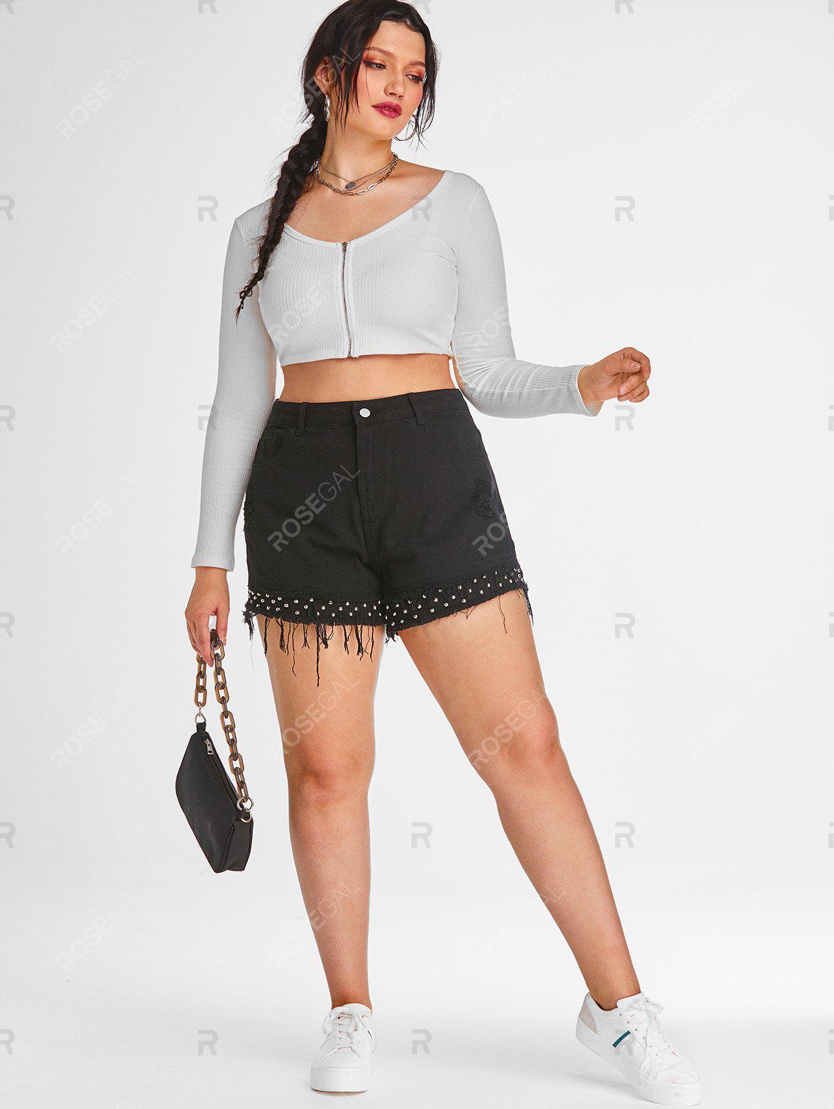 Plus Size&Curve Studs Ripped Cuff Off Denim Shorts