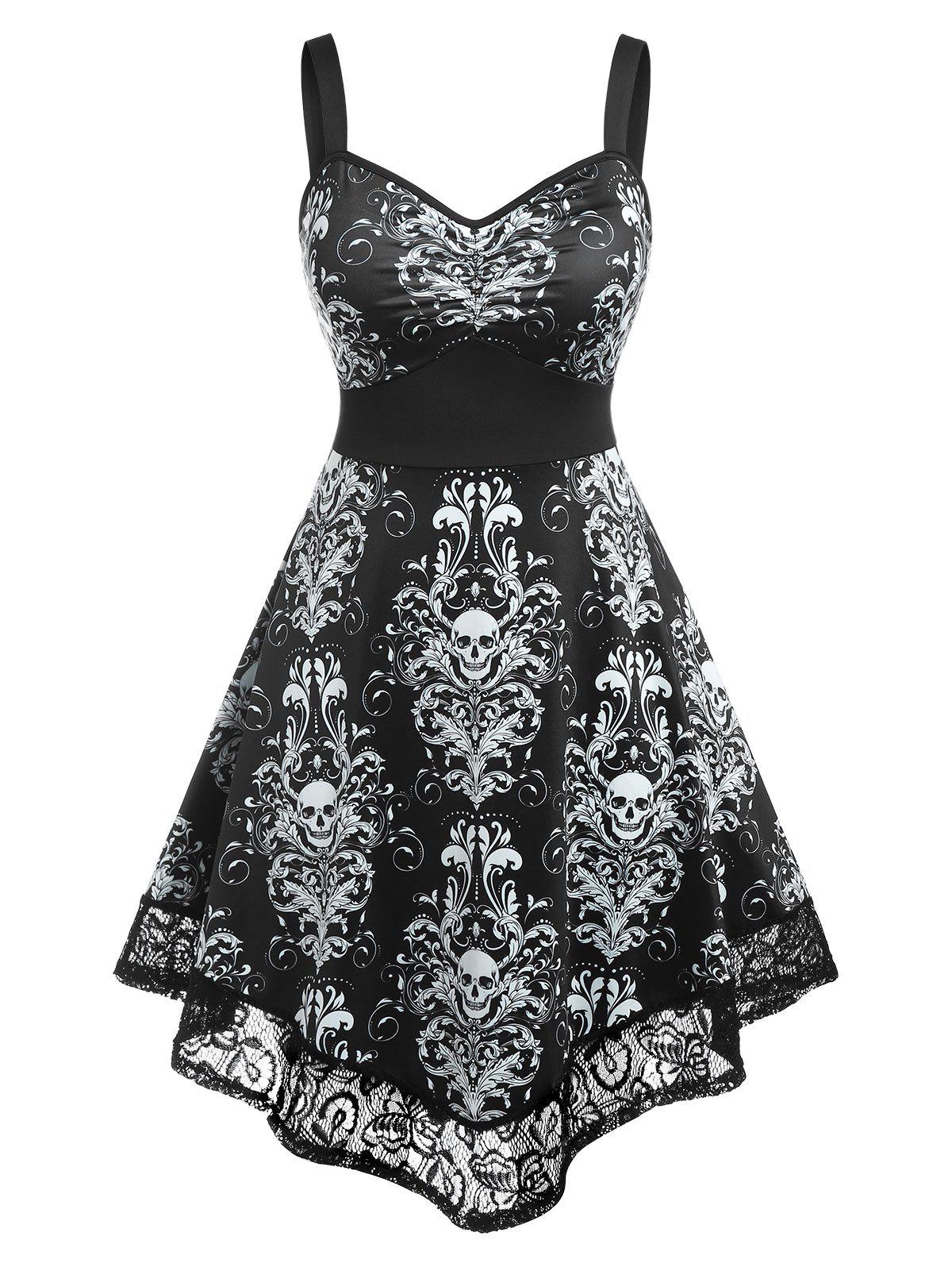 Plus Size Skull Tribal Print Lace Edge Halloween Midi Dress