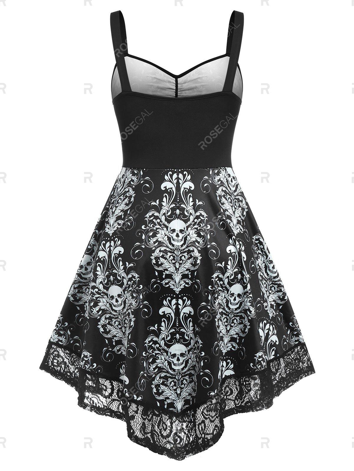 Plus Size Skull Tribal Print Lace Edge Halloween Midi Dress