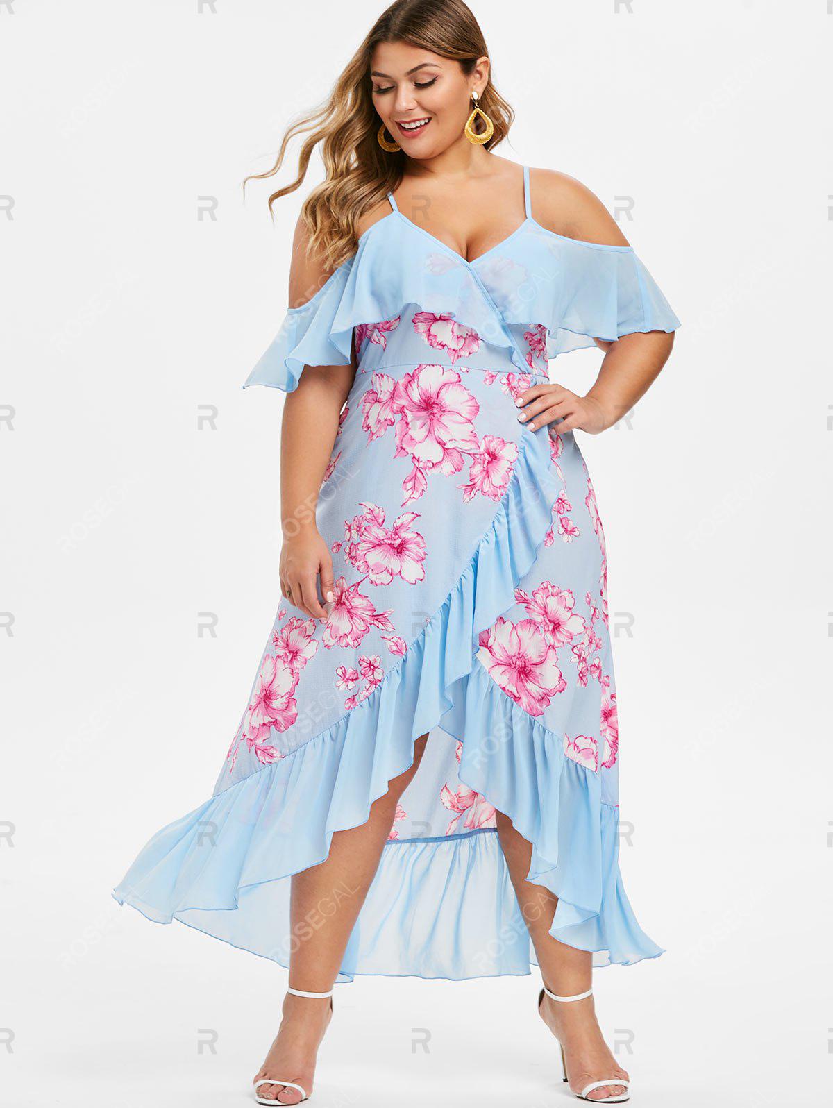 Plus Size Flower Print High Low Flounce Maxi Dress