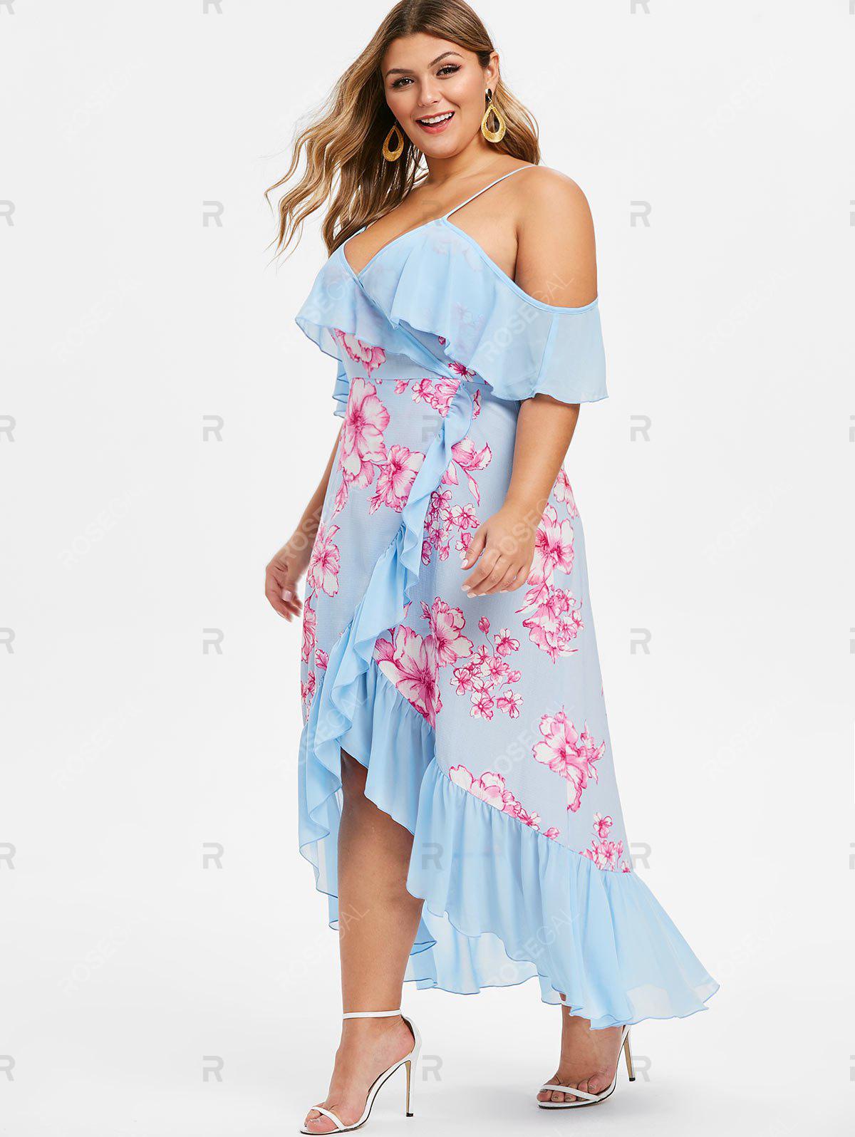 Plus Size Flower Print High Low Flounce Maxi Dress