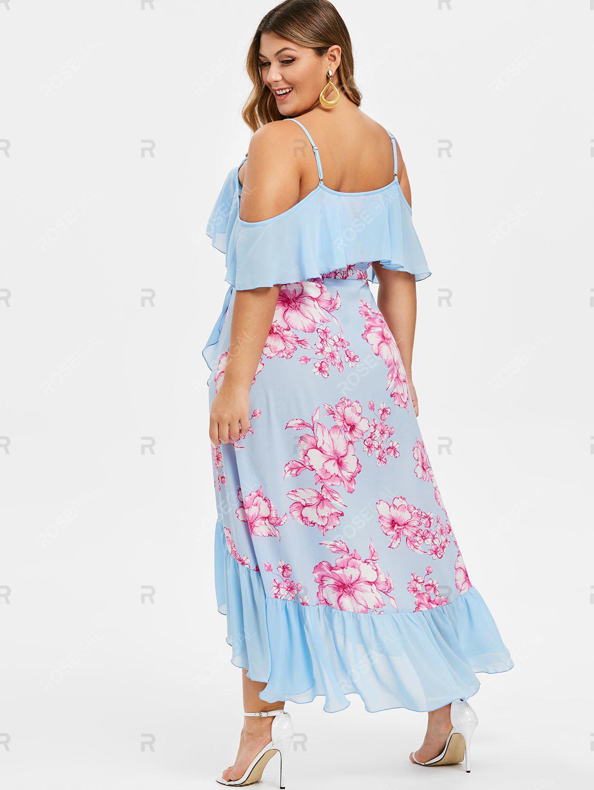 Plus Size Flower Print High Low Flounce Maxi Dress